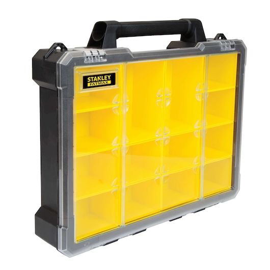 Stanley FATMAX yellow plastic organizer box with clear lid, 14 compartments, angled front view on white background.