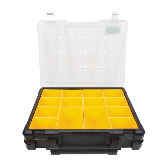 Stanley organizer with clear lid and yellow removable compartments, front angle on white background