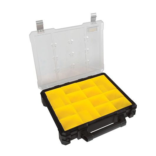 Stanley organizer box with clear lid and yellow compartments, angled front view on white background