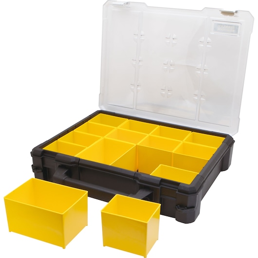 Stanley 014461M organizer photography, black case with yellow removable bins, top angle.