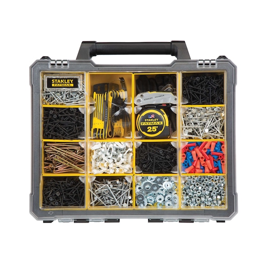 Stanley 014461M organizer box with assorted screws, fasteners, tools, and tape measure, top view, white background.