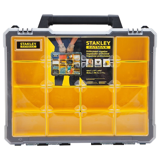 STANLEY FATMAX professional organizer with yellow compartments, clear lid, and black handle, front view.