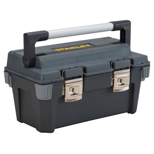 Stanley black plastic toolbox with metal latches and large silver handle, front angle on white background