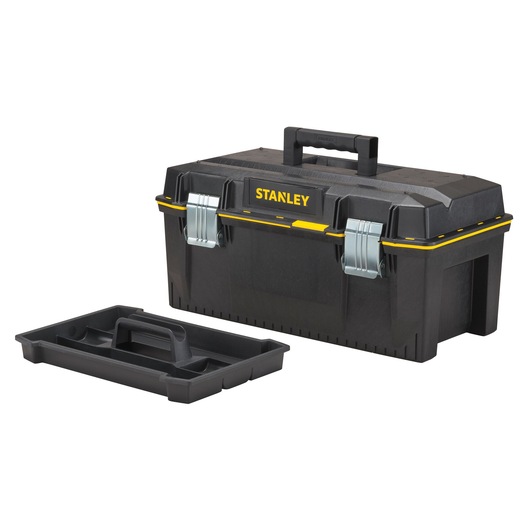 Stanley FATMAX black toolbox with yellow accents, metal latches, handle, and removable tray, front angle.