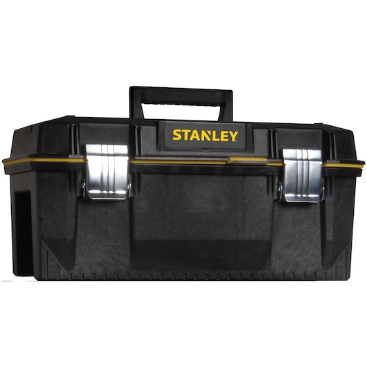 Stanley 023001W Fatmax black toolbox with yellow accents, front angle, metal latches and top handle.