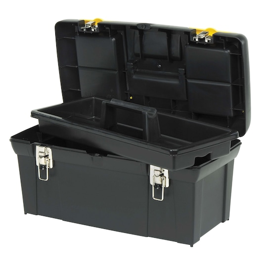 STANLEY black plastic toolbox with open lid, metal latches, removable tray, photographed at a front angle on white background.