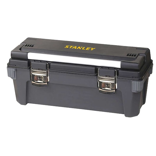 Stanley black plastic toolbox with yellow logo, two metal latches, and white handle, front angle on white background.