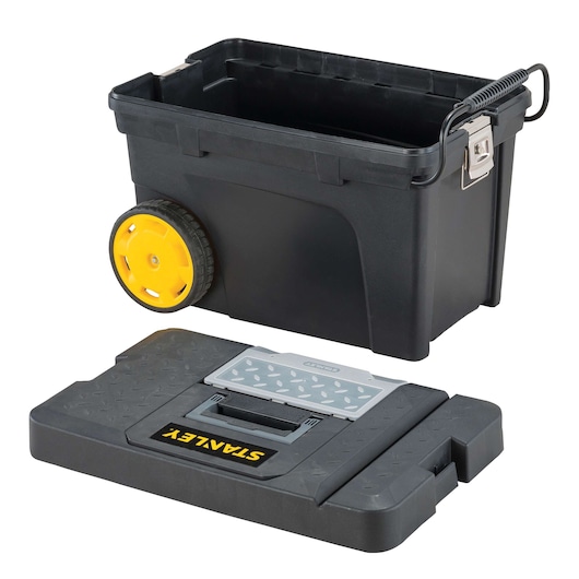 Stanley black rolling tool box with yellow wheels and removable lid, shown in angled view on white background.
