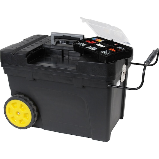 STANLEY 033026R black rolling toolbox with yellow wheels, open top tray, and removable organizer, front angle.