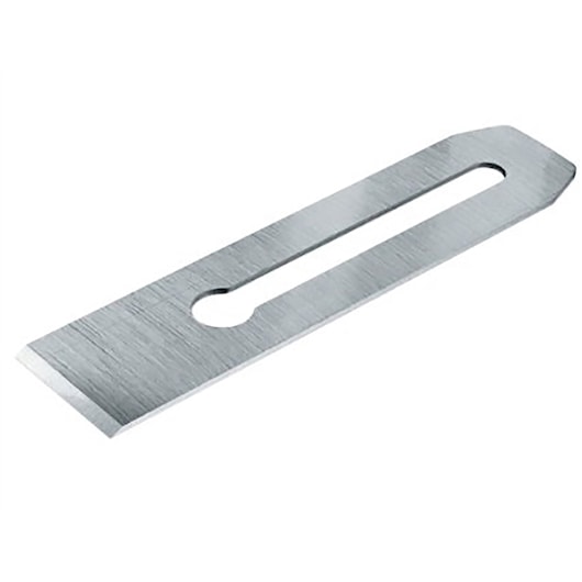 STANLEY 1-12-315 hand plane blade, silver metal, angled top view, photography on white background.