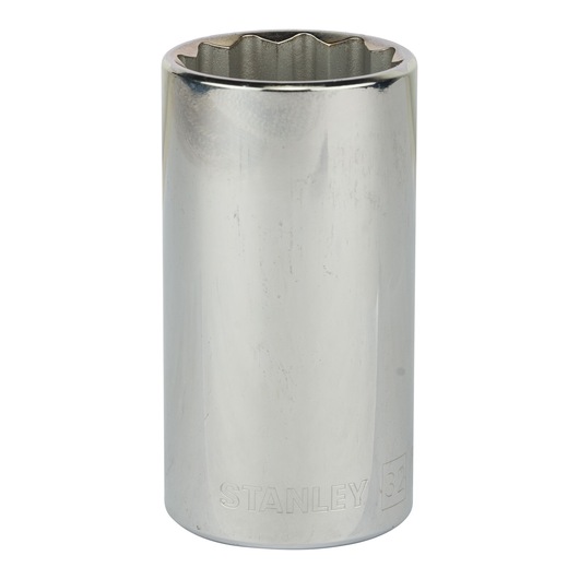 STANLEY 86-439 chrome deep socket, front angle, silver finish, for mechanics and automotive use.