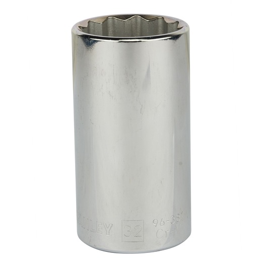 Photo of STANLEY 86-439 chrome socket, long, 12-point design, shown from front on white background.