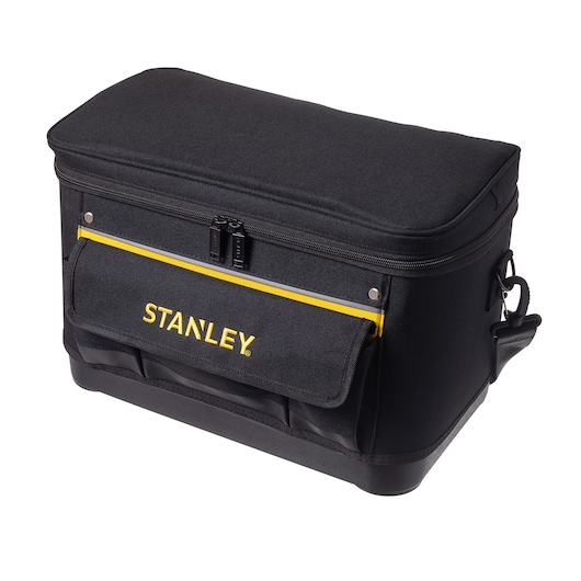 STANLEY 1-96-193 black soft tool bag with yellow trim, front angle, zippered top, and front pocket.