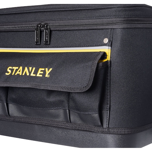 STANLEY 1-96-193 tool bag close-up, black fabric with yellow accents, zippered top and front pocket.