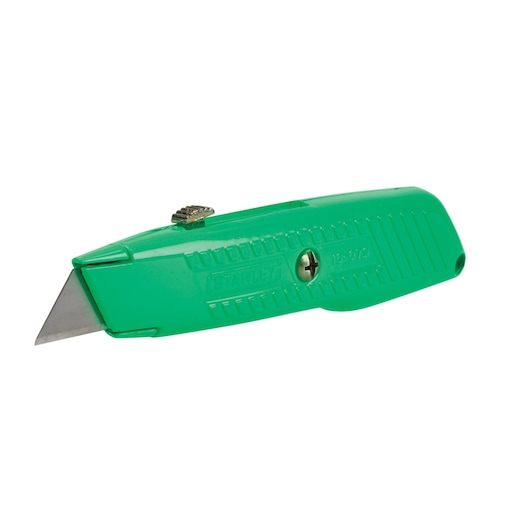 STANLEY green utility knife side angle on white background, retractable blade and textured grip handle