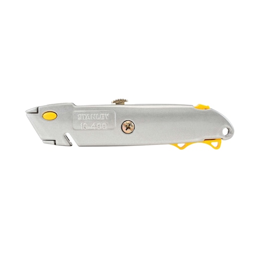 Stanley utility knife, side view on white background, silver body with yellow accents, model 10-499