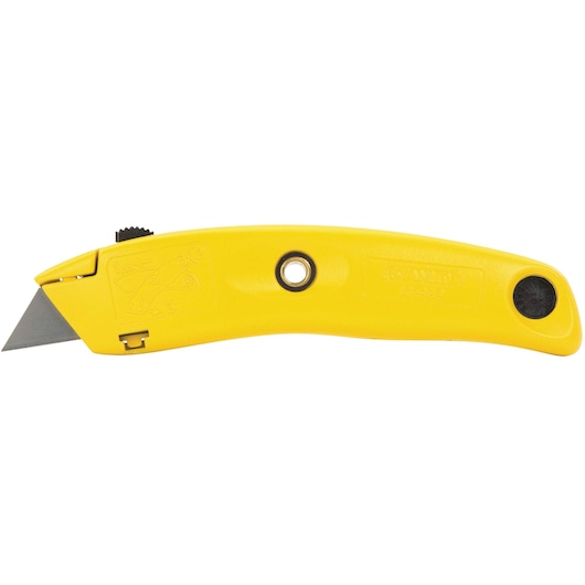 STANLEY 10-989 yellow utility knife with retractable blade, side view on white background.