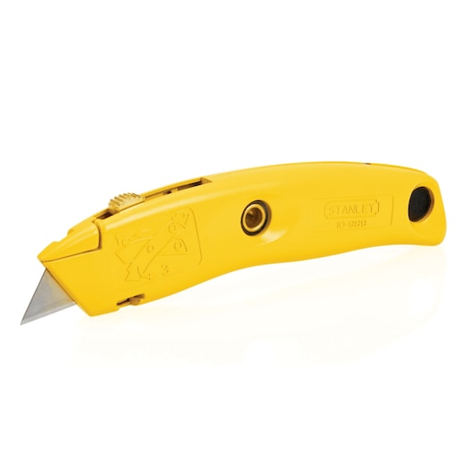 Stanley yellow utility knife side view with retractable blade, curved handle, and visible blade slider on white background.