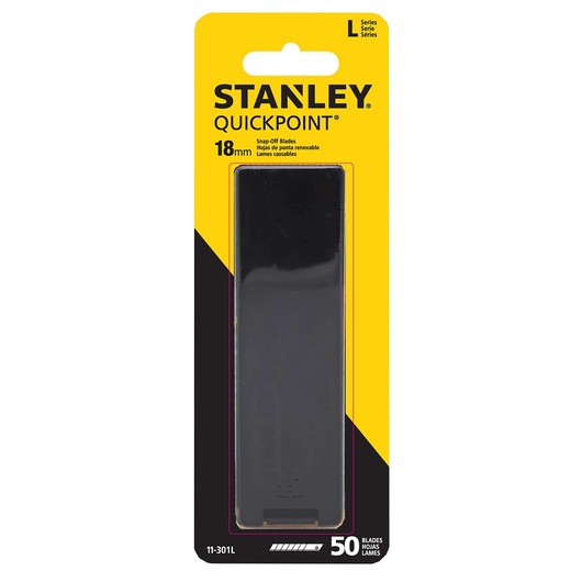 STANLEY QUICKPOINT 18mm snap-off blades pack, black plastic case, SKU 11-301L, front view on white background.