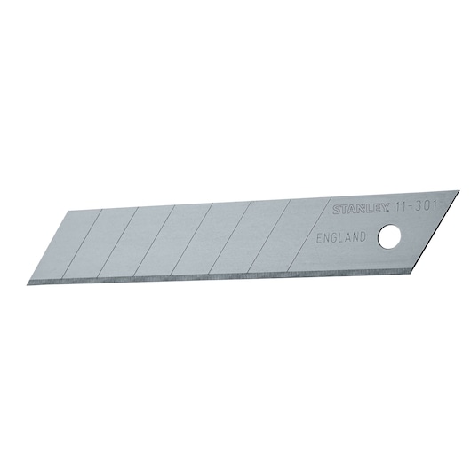 Stanley snap-off utility knife blade, silver color, angled shot, segmented for easy snapping, white background