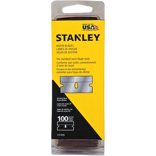 STANLEY SKU 11-515 razor blades pack, yellow front view, contains 100 steel back blades.