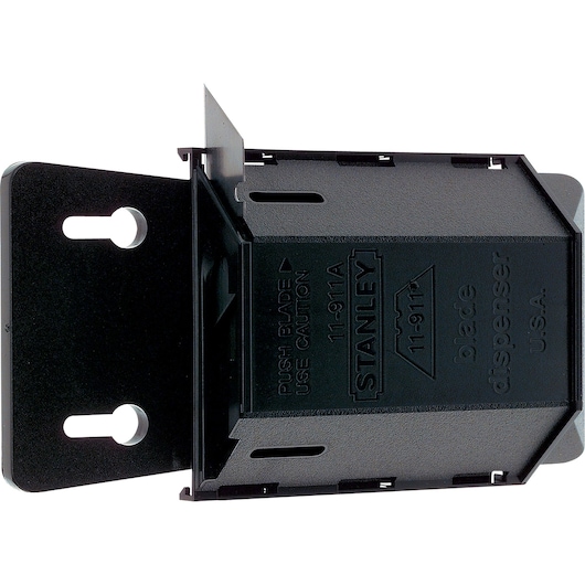 STANLEY 11-911 blade dispenser, black metal and plastic, shown from front angle on white background.