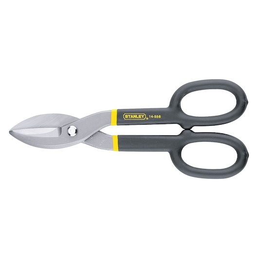 STANLEY 14-556 aviation snip with black handles, yellow accents, and silver blades, side view on white background.