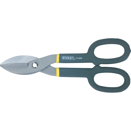 Stanley 14-556 aviation snips with gray and yellow handles, side angle, on white background.