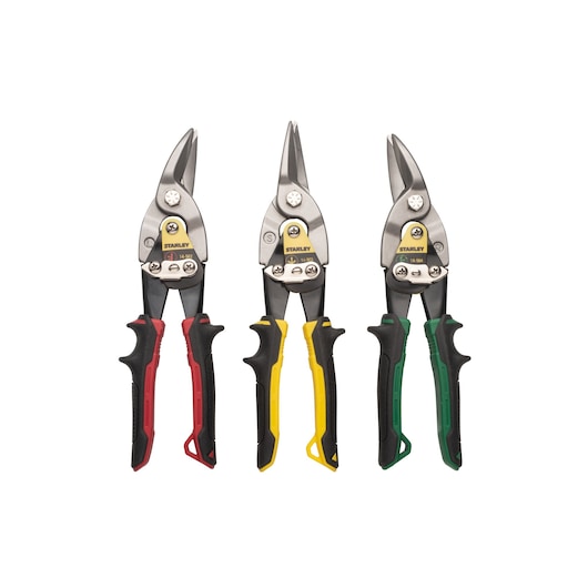 STANLEY 14-559 aviation snip set, three metal cutting shears with red, yellow, and green handles, front angle.