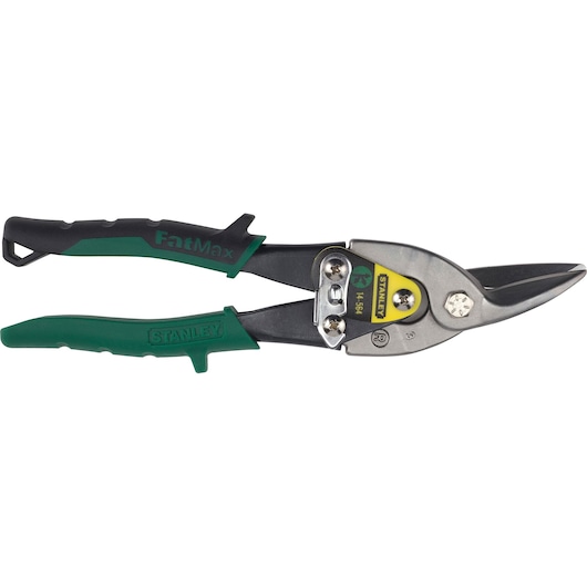 STANLEY 14-564 aviation snips with green and black handles, side angle, silver cutting blades.