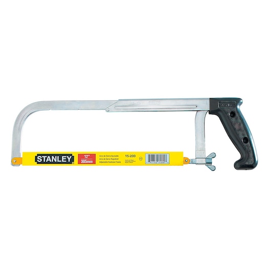Photo of STANLEY 15-200 adjustable hacksaw with black handle, yellow label, side view on white background.