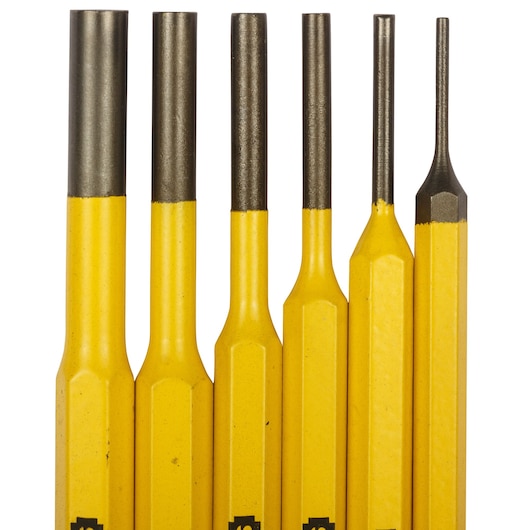 STANLEY 16-226 yellow steel punch set, front angle, showing six pieces upright.