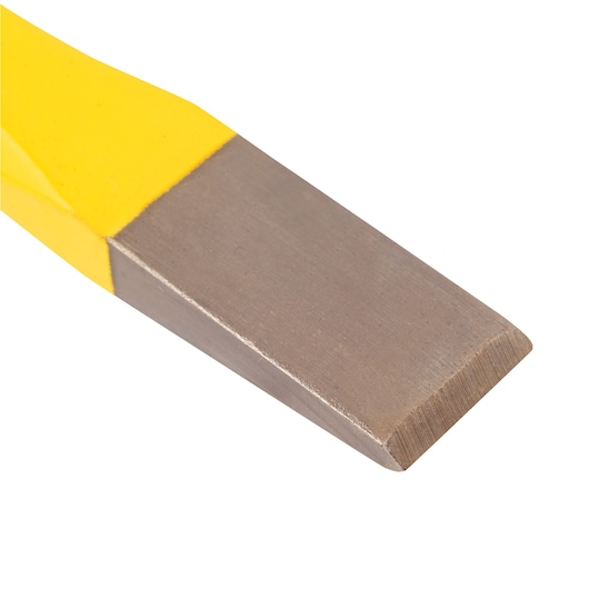 STANLEY 16-313 cold chisel with yellow handle, close-up of beveled steel blade, photographed on white background.