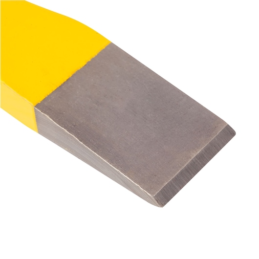 STANLEY 16-315 masonry chisel with yellow handle, close-up on flat beveled blade, white background.