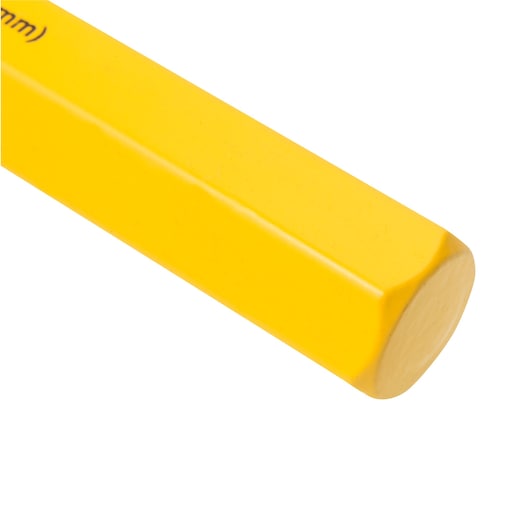 STANLEY 16-315 yellow carpenter pencil close-up on white background, showing hexagonal shape.