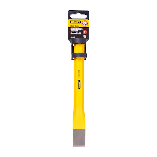 Photo of STANLEY 16-315 cold chisel with yellow handle and steel blade, front view on white background.