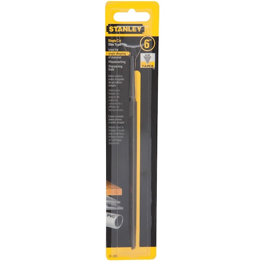 Stanley 22-306 slim taper file in black and yellow packaging, front angle on white background.