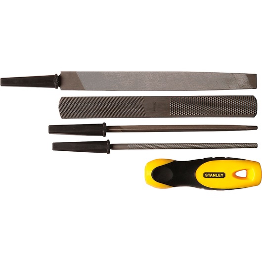 Photo of STANLEY 22-314 file set with four files and yellow-black ergonomic handle, flat lay on white.