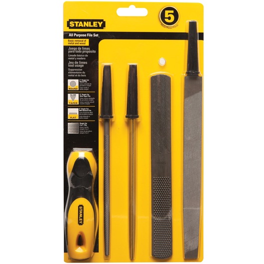 Stanley 22-314 all purpose file set, five-piece kit in yellow plastic packaging, front angle.