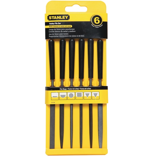 Photo of STANLEY 22-316 hobby file set, six black-handled files in yellow packaging, front angle.