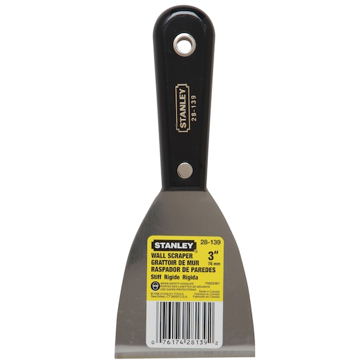 Stanley 28-139 wall scraper with black handle and 3-inch stiff stainless steel blade, front view.