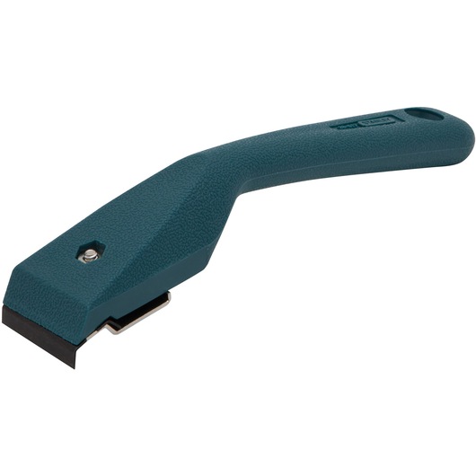 Stanley hand scraper with textured teal handle and straight metal blade, angled side view on white background