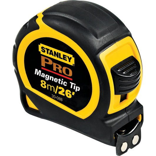 Stanley 30-088 PRO tape measure, magnetic tip, 8m/26ft, black and yellow, product angle on white background.