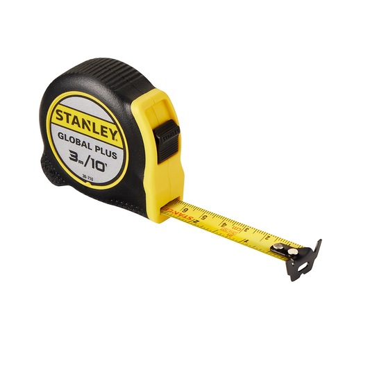 STANLEY 30-710 tape measure, yellow and black, 3m/10ft, front right angle on white background.
