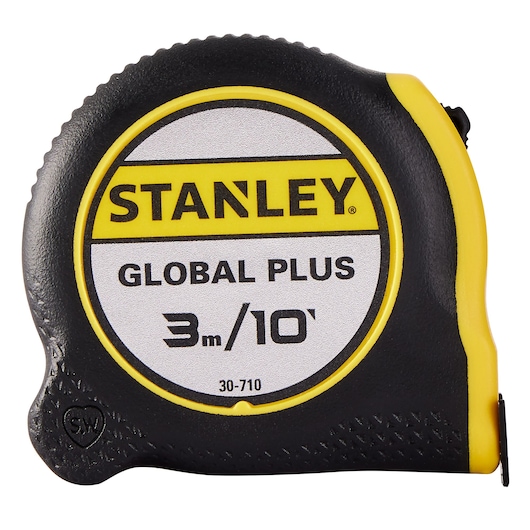STANLEY 30-710 tape measure, 3 meter or 10 foot, black and yellow casing, front view, hand tool.