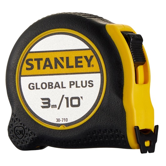 STANLEY 30-710 tape measure, 3 meter length, black and yellow body, front angle on white background.