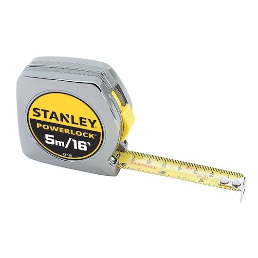 STANLEY 33-158S tape measure, 5m/16ft PowerLock, silver and yellow, front angle on white background.