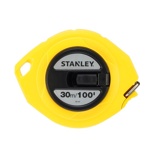 A yellow Stanley measuring tape reel with a 30 meter (100 feet) length indication, designed for measuring long distances.