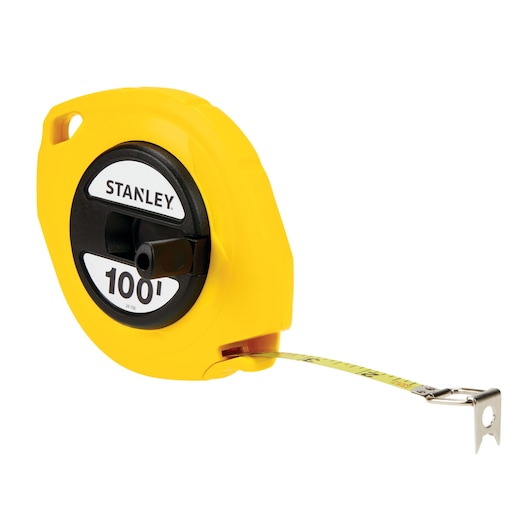 Stanley 100-foot yellow tape measure, angled side view on white background