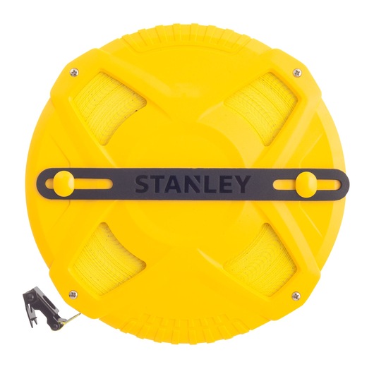 Photo of STANLEY 34-263 yellow open reel measuring tape with black handle, top view on white background.